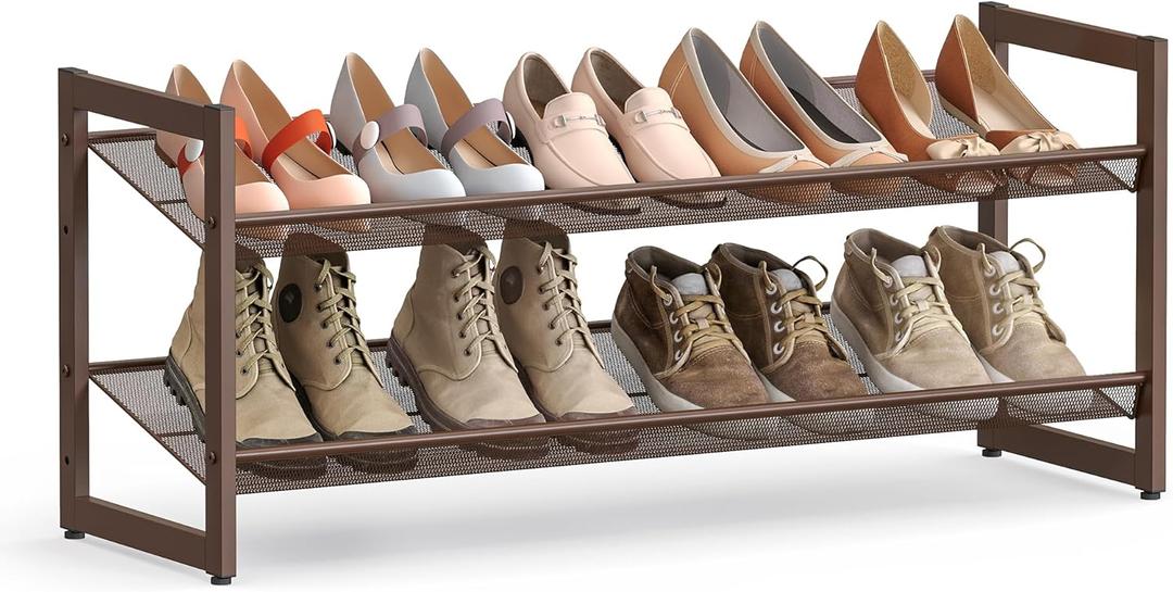 SONGMICS Shoe Rack, 2-Tier Shoe Organizer, Metal Shoe Storage for Garage, Stackable Shoe Shelf, with Adjustable Flat or Angled Shelves, 8-10 Pairs, Bronze ULMR02A
