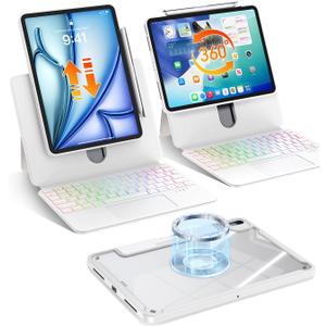 Clear Magnetic iPad Air 13 (M4 2026/M3 2025/M2 2024) & iPad Pro 12.9 (3rd-6th Gen) Case w/Keyboard, Detachable Splitfolio Cover, 360 Rotation & Up-Down Lift, 7-Color Backlit Trackpad Keyboard, White