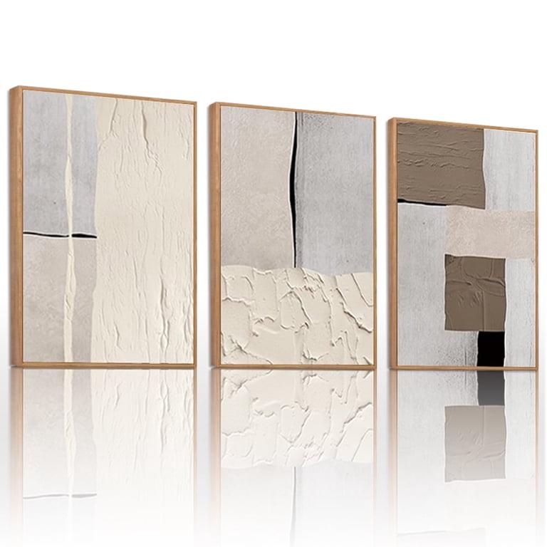 LHIUEM Large Abstract Neutral Framed Canvas Wall Art Set,Mid Century Beige Textured Wall Decor,Brown Gray Block Art Painting for Living Room,Bedroom,Dining Room,Office -16"x24"x3