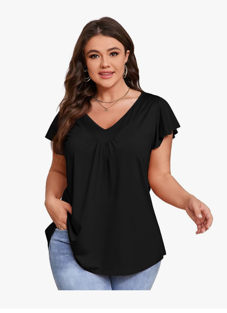 Plus Size Short Sleeve T-Shirts Women Casual Summer Tops V Neck Loose Pleated Blouses , Size XL