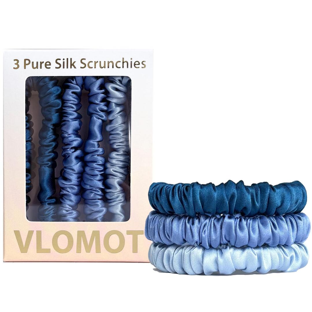 VLOMOT 3 Pcs Set 100% Pure Mulberry Silk Hair Scrunchies Hair Ties with 3 Chic Colors Everyday Skinny Scrunchies Silk Ponytail Holders Hair Care No Damage (Blue)