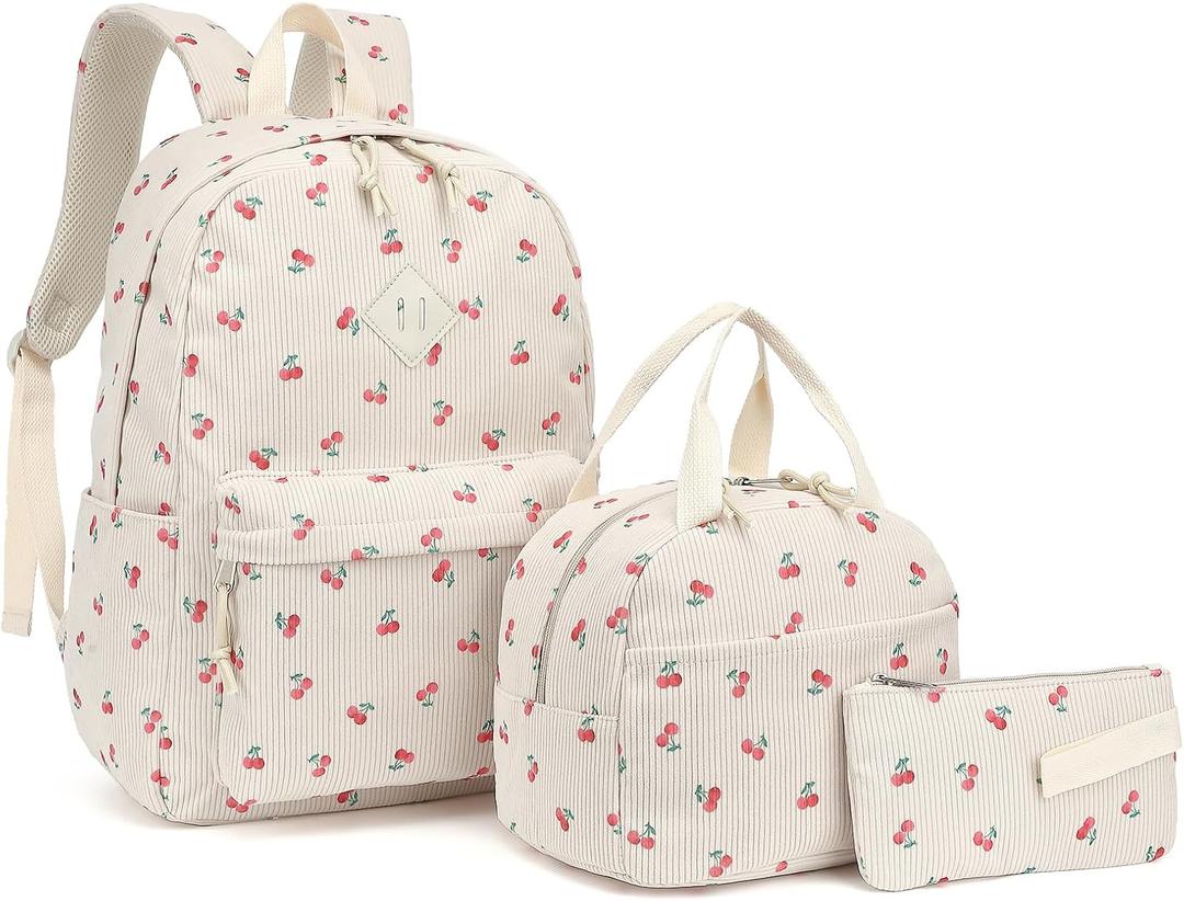 Corduroy School Backpack Girls Kids Teens School Bookbags Schoolbag Set with Lunch Box Pencil Bag