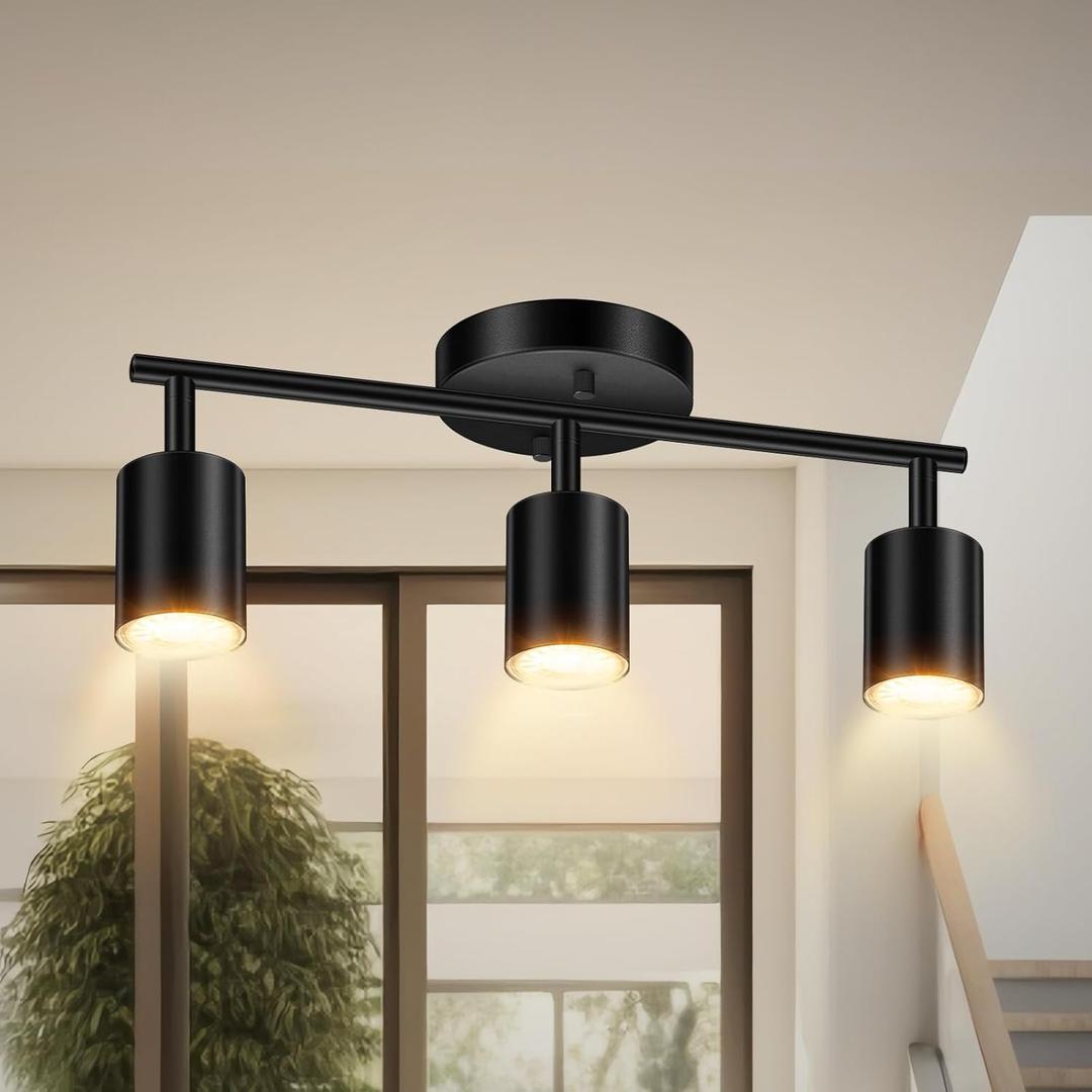 LED Track Lighting Fixtures Ceiling, Black 3-Light Track Lights for Kitchen, 3 Way Ceiling Spotlight, Flexibly Rotatable Wall Mount Light Head for Bedroom Hallway, Bulb Not Included
