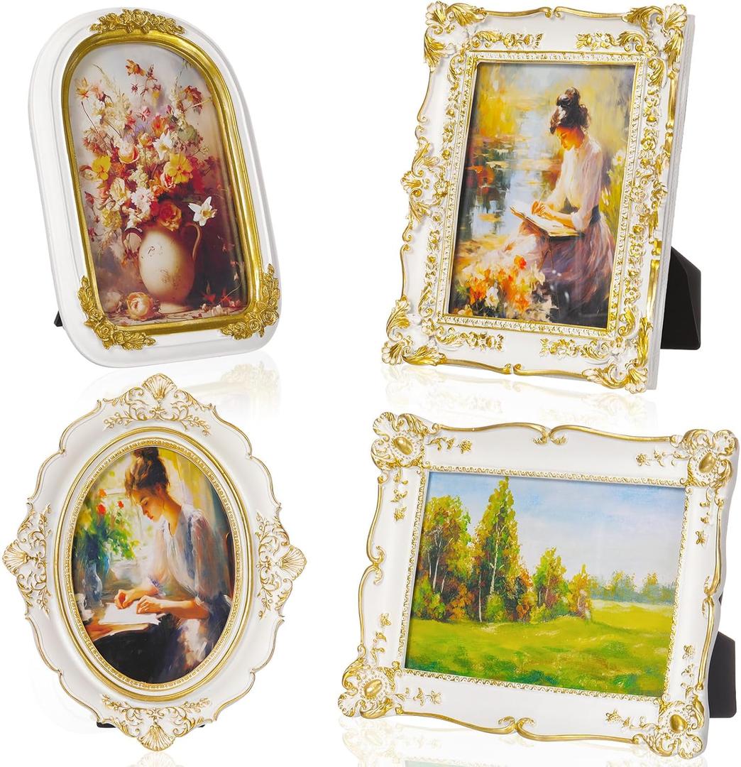 Geetery 4 Pcs Vintage Picture Frames Set, White Ornate Baroque Frames for Gallery Wall, Antique Victorian Decorative Photo Frame for Tabletop or Wall Display, Shabby Cottagecore Home Decor