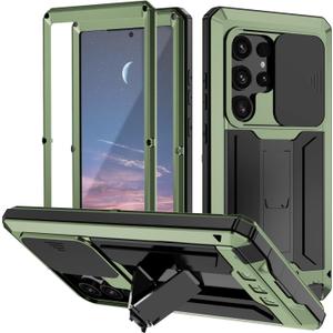 Samsung S24 Ultra Metal Case with Screen Protector Camera Cover Kickstand S24 Ultra Slide Camera Cover Full-Body Rugged Durable Military Aluminium Heavy Duty Dustproof Drop Case for Man Green