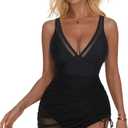 SUUKSESS Women Mesh One Piece Swim Dress Swimsuit Tummy Control Bathing Suit (Black, M)