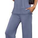 Women's Lounge Sets Fashion Outfits Wide Leg Loungewear Side Slit Tracksuit for Vacation Travel Airport, Blue XL