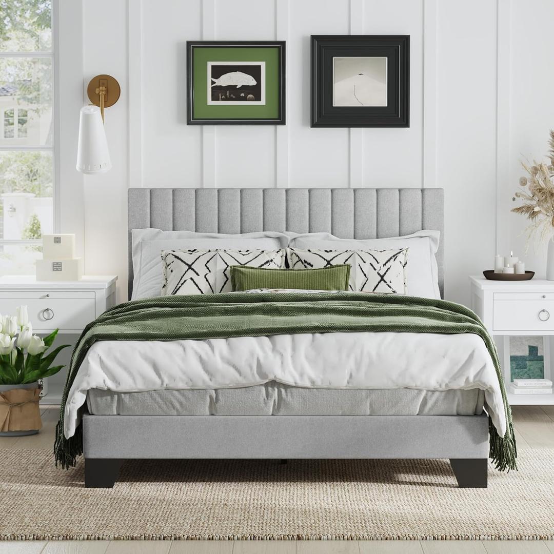 AILUNWALL Full Size Bed Frame, Fabric Upholstered Platform Bed with Adjustable Headboard, Sturdy Frame and Wooden Slats, Noiseless, No Box Spring Required, Easy to Assemble, Light Grey