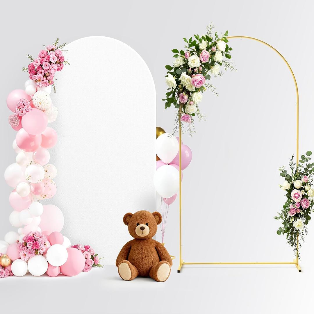 Pureegg Arch Backdrop Stand and Cover Set - 7.2FT Gold Metal Frame with White Fabric Cover, Easy-to-Assemble Wedding Arch Stand for Parties and Celebrations
