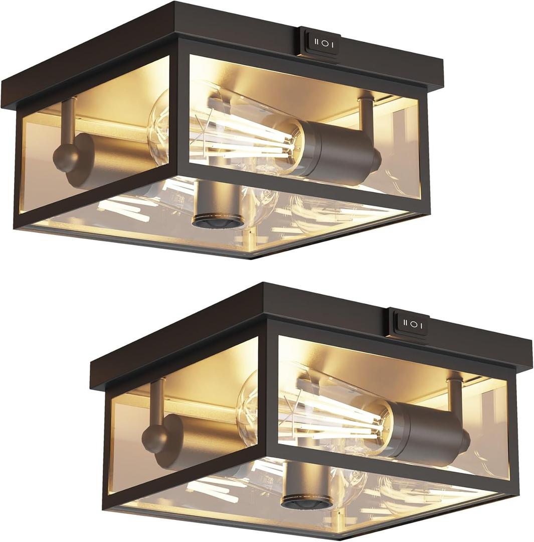 Outdoor Ceiling Light with Motion Sensor, Flush Mount Porch Light, Exterior Light Fixture with Clear Glass, Dusk to Dawn 2-Light Fixture for Patio,Porch (10.5in 2Pack)