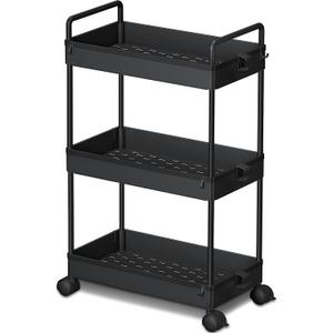 Ronlap 3 Tier Slim Rolling Storage Cart with Wheels Plastic Utility Cart Organizer for Snack Craft Art Postpartum Baby Diaper Nail Makeup in Bathroom Laundry Room Kitchen Bedside Narrow Space, Black
