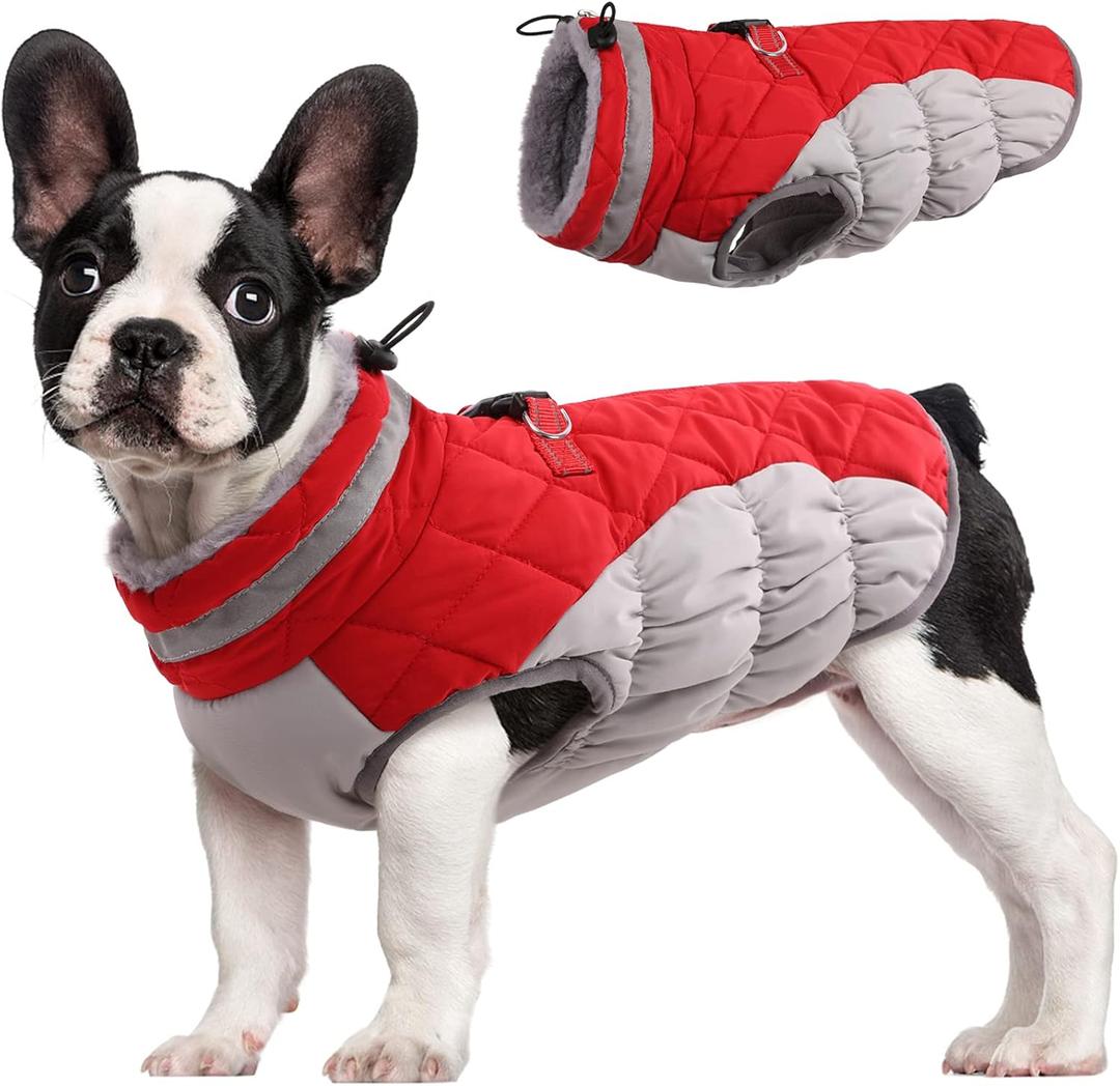 FUAMEY Dog Coat for Small Dogs,Waterproof Dog Winter Jacket with Harness Built in Puppy Cold Weather Coats Reflective Pet Vest with Zipper Warm Fleece Dogs Snowsuit Windproof, Red, S
