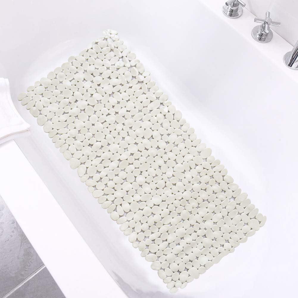 SONGZIMING Bathtub Mat Non Slip Pebble Bath Shower Mat with Drain Holes, Suction Cups Mat for Tub (16" W x 35" L, Beige)
