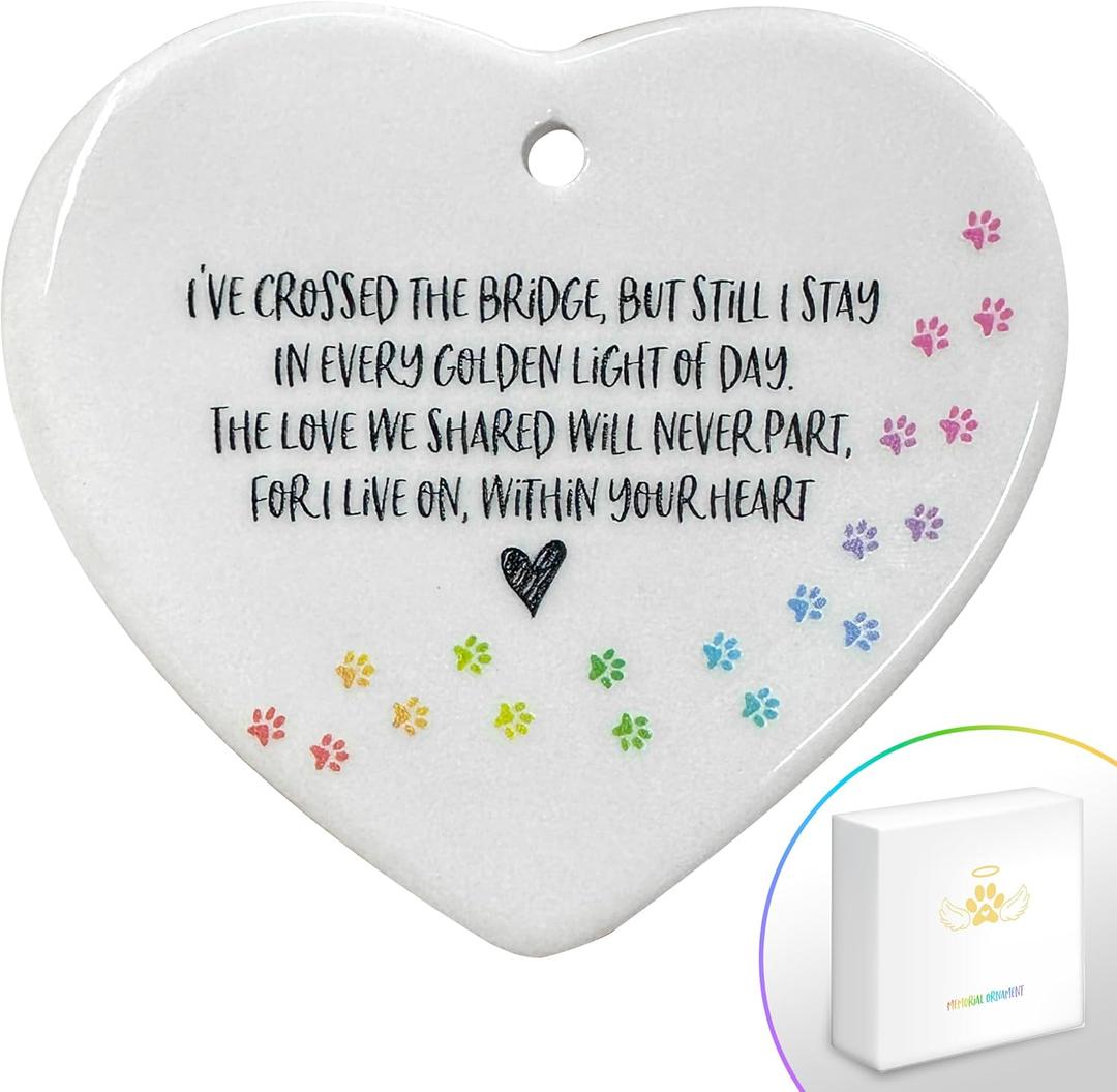 Pet Memorial Ornament | Heart Shaped Double-Sided Rainbow Bridge Poem with Gift Box, Porcelain Pet Loss Keepsake Dog Cat Gift | Gold