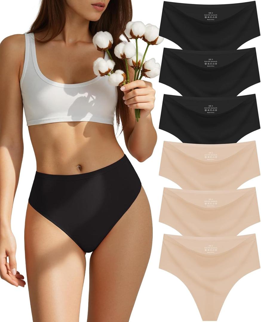 sosusu Seamless Underwear for Women Cotton Thongs High Waisted Soft Breathable No Show Panties Invisible Stretch 6 Pack (Large, C1-3 Black and 3 Skin)