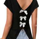 Avanova Women Bow Open Back Backless Tops Cap Short Sleeve V Neck Shirts Summer Casual Black Large (Black, L)