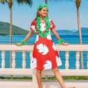 ZIW Women Hawaiian Costme Tropical Leaf Print Dress with Headband, Luau Flower Leis Accessories, Adult Halloween Costumes (XL)