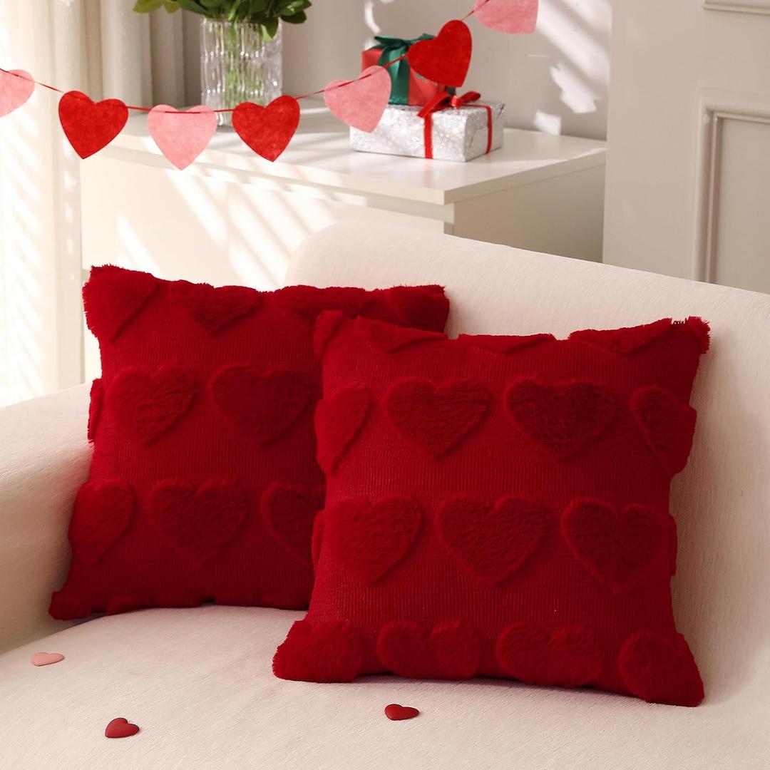 LOMCHEN Valentines Day Throw Pillow Covers 16x16 inch Set of 2 for Valentines Day Decorations Red Soft Plush Faux Fur Wool Love Heart Pillow Covers for Sofa Living Room Couch Bed