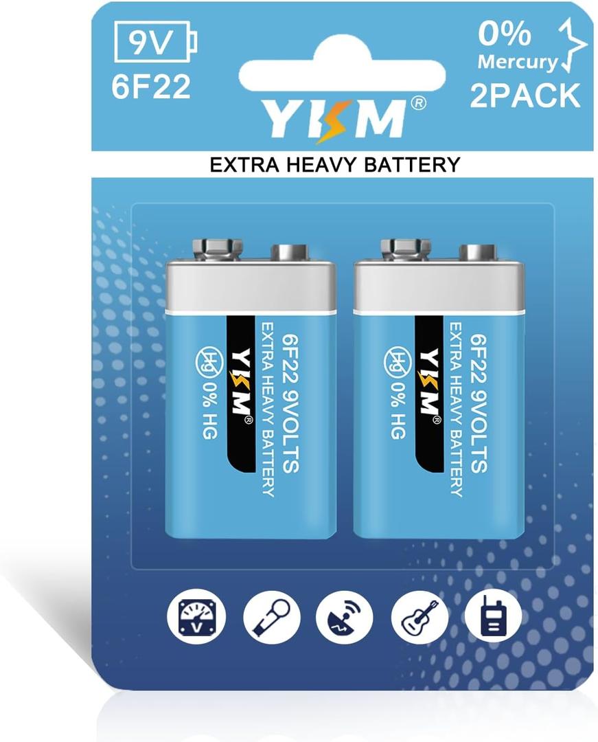 YKM 2 Pack 9V Batteries for Smoke Detector Smoke Alarm Carbon Zinc 9 Volt Battery