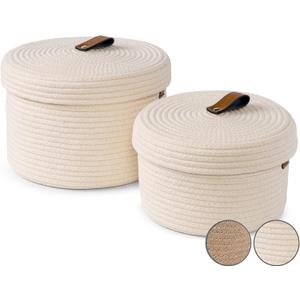 DENJA & CO Set of 2 Decorative Storage Baskets with Lids - Round Woven Baskets for Home Decor and Organizing - Small Shelf Baskets with Leather Tabs and Handles - Decorative Storage and Organizer Bins