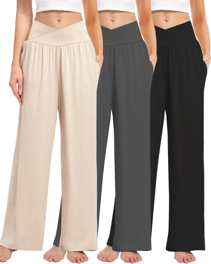 Kivdol 3 Pack Women's Wide Leg Pants Crossover with Pockets High Waist Loose Sweatpants Casual Lounge Yoga Workout Palazzo (Medium, Black/Grey/Apricot)