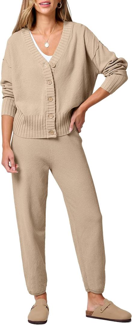 ANRABESS Women 2 Piece Lounge Sets 2025 Fall Outfits Casual Waffle Knit Cardigan Sweater Pant Set Travel Airport Clothes Khaki Small (S)