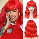 Red Short Bob Wig with Bangs for Women Loose Wavy Wig Curly Wavy Shoulder Length Synthetic Bob Wigs for Girl Halloween Costume Cosplay Daily Use, Red 