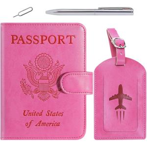 Passport Holder With Luggage Tag Cover Wallet RFID Blocking Leather Case Travel Essentials Accessories Travel Must Have(114#Pink)