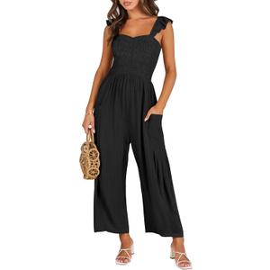ANRABESS Women Summer Casual Dressy Sleeveless Smocked Wide Leg Linen Jumpsuits Rompers 2025 Trendy Travel Outfit Pocket (Medium, Black)