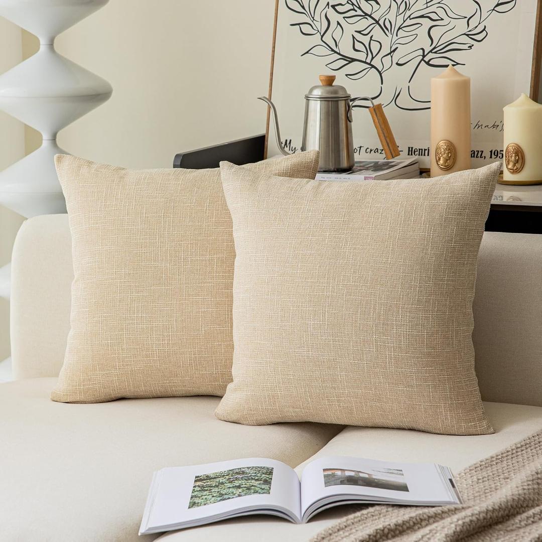 Kevin Textile Farmhouse Faux Linen Decorative Throw Pillow Case Cushion Cover Pillowcase for Sofa 20 x 20 Inch/50cm x 50cm, Set of 2, Cream Beige