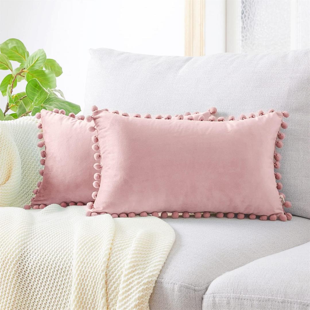 Top Finel Blush Pink Lumbar Pillow Covers 12x20 Set of 2, Decorative Throw Pillow Covers for Couch Bed Sofa Soft Velvet Pillow Cases with Tassels for Girl's Room Cute Aesthetic Home Decor