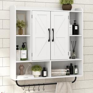 RUSTOWN Rustic Bathroom Wall Storage Cabinet with 2 Barn Doors, White, 31.5"W x 7.1"D x 33.3"H