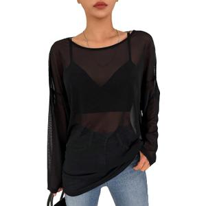 GORGLITTER Women's Mesh Tops Sheer See Through Long Sleeve Boat Neck T Shirts Cover Up Sexy Spring Outfits 2026 (Black, XL)