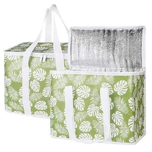 Bodaon 2-Pack Insulated Reusable Grocery Shopping Bags,Large Picnic Cooler Bag with Zipper Zippered Top Cold, Green-Leaf