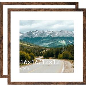 Wood 16x16 Picture Frame with 12x12 Mat Deep Brown, Display 12x12 with Mat or 16x16 without Mat, Wood 16 by 16 Photo Frame, 16 x 16 Frame for Wall Hanging Display, Deep Brown, 2 Pack