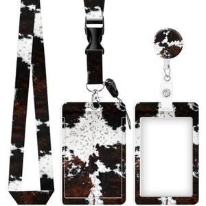 ID Badge Holder with Retractable and Detachable Lanyard, Cute Badge Reel Breakaway Lanyard with Carabiner Clip for Teachers, Nurses, Perfect Work and Office(White Brown Cow Skin)