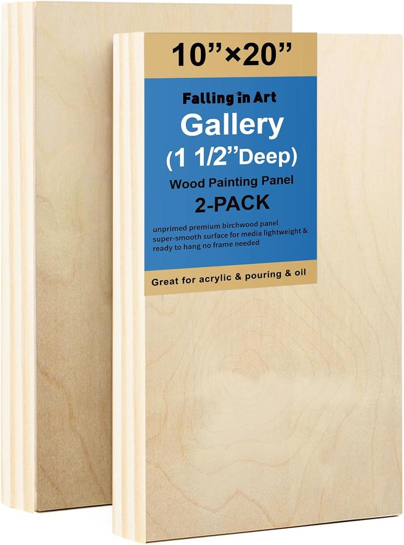 Falling in Art 2 Pack Unfinished Wooden Canvas Panels, 10x20 Gallery Birch Wood Panels Kit, 1 1/2" Deep Art Cradle Boards for Acrylic Painting, Pouring and Burning