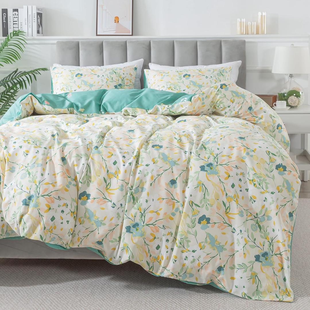 HoneiLife Duvet Dover King Size - 100% Cotton Comforter Cover Floral Duvet Cover Sets, Botanical Duvet Cover with Zipper Closure & Corner Ties, 3-PC Wildflower Comforter Cover Sets, Ink-Painting (King-104"x 90")
