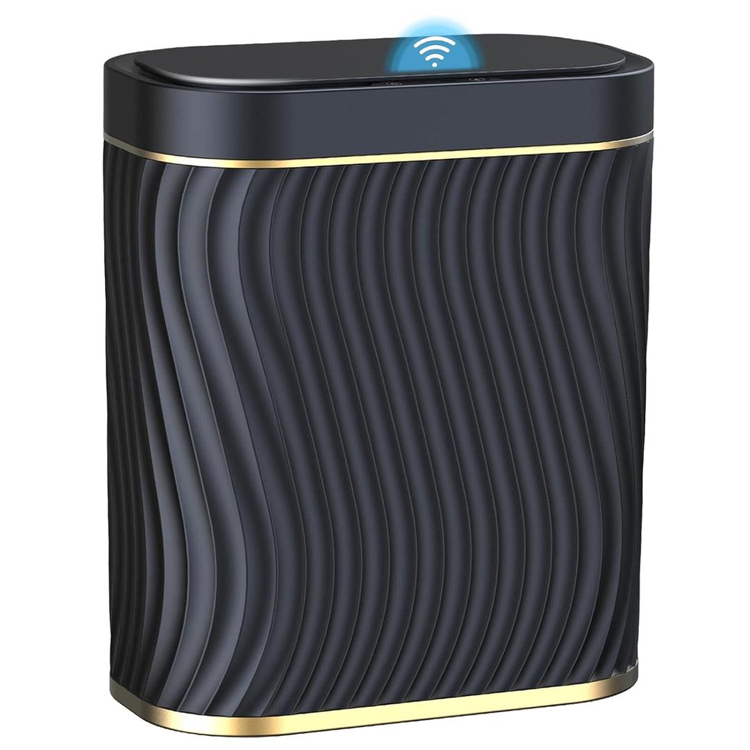 Bathroom Small Trash Can with Automatic Touchless Lid, 2.6 Gallon Smart Garbage Can Narrow Waterproof Trash Bin for Bedroom, Office, Living Room (Gold Black)