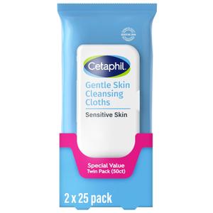 Cetaphil Face and Body Wipes, Gentle Skin Cleansing Cloths, 50 Count, Twin Pack, for Dry, Sensitive Skin, Flip Top Closure, Great for the Gym, Travel, in the Car, Hypoallergenic, Fragrance Free (25 Count (Pack of 2))