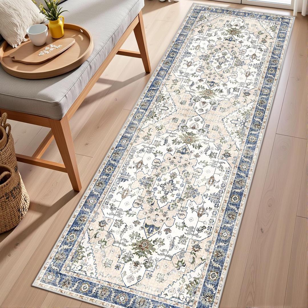 Rug Runners for Hallways Non Slip 2x6, Kitchen Rugs with Rubber Backing, Washable Vintage, Boho Area Rug for Living Room, Low Pile Distressed Rugs Carpet Runners for Bedroom, Entryway, Laundry (Camel Blue\Gray)