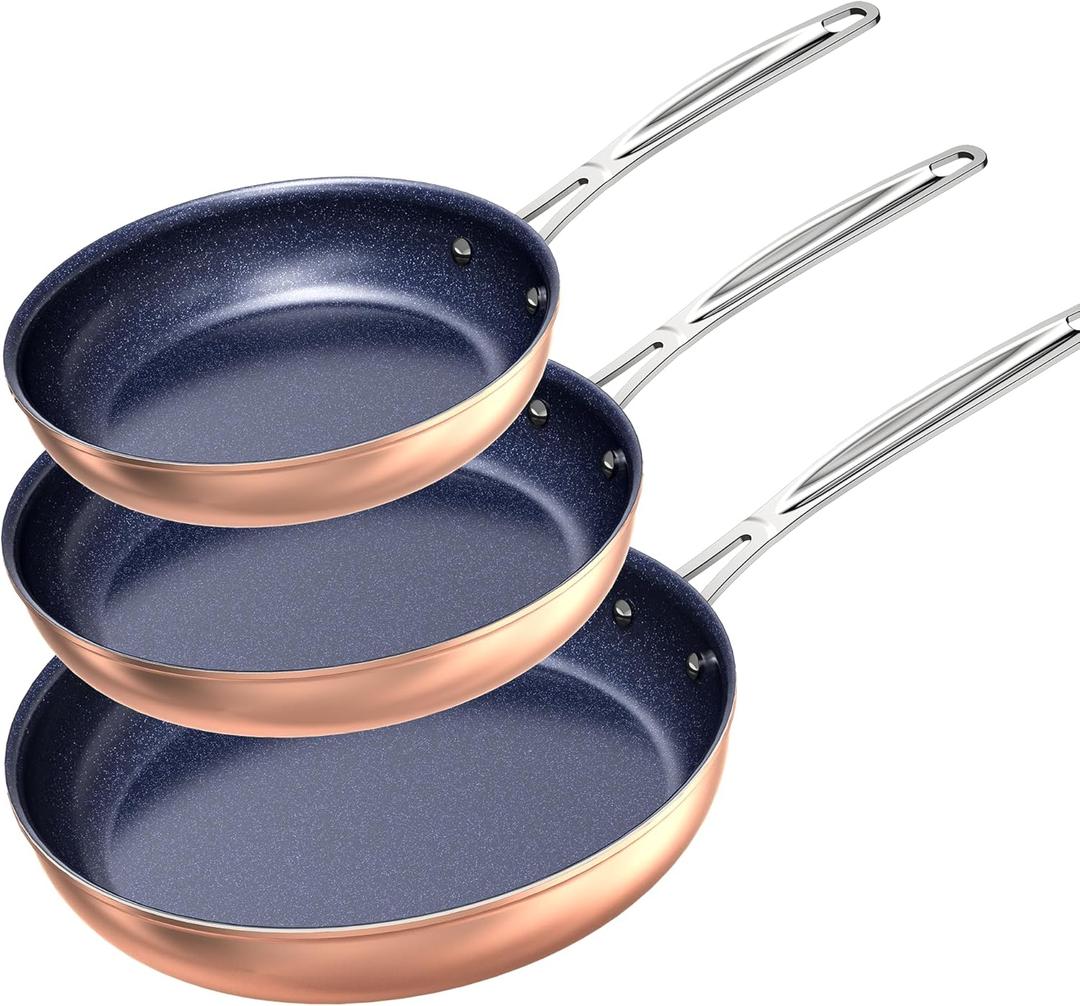 Nuwave 3-Piece Fry Pan Set, 8, 10, 12 Forged Lightweight, G10 Healthy Duralon Blue Ceramic Ultra Non-Stick, Induction-Ready & Works on All Cooktops, Ergonomic Stay-Cool Handles (Rustic Copper)