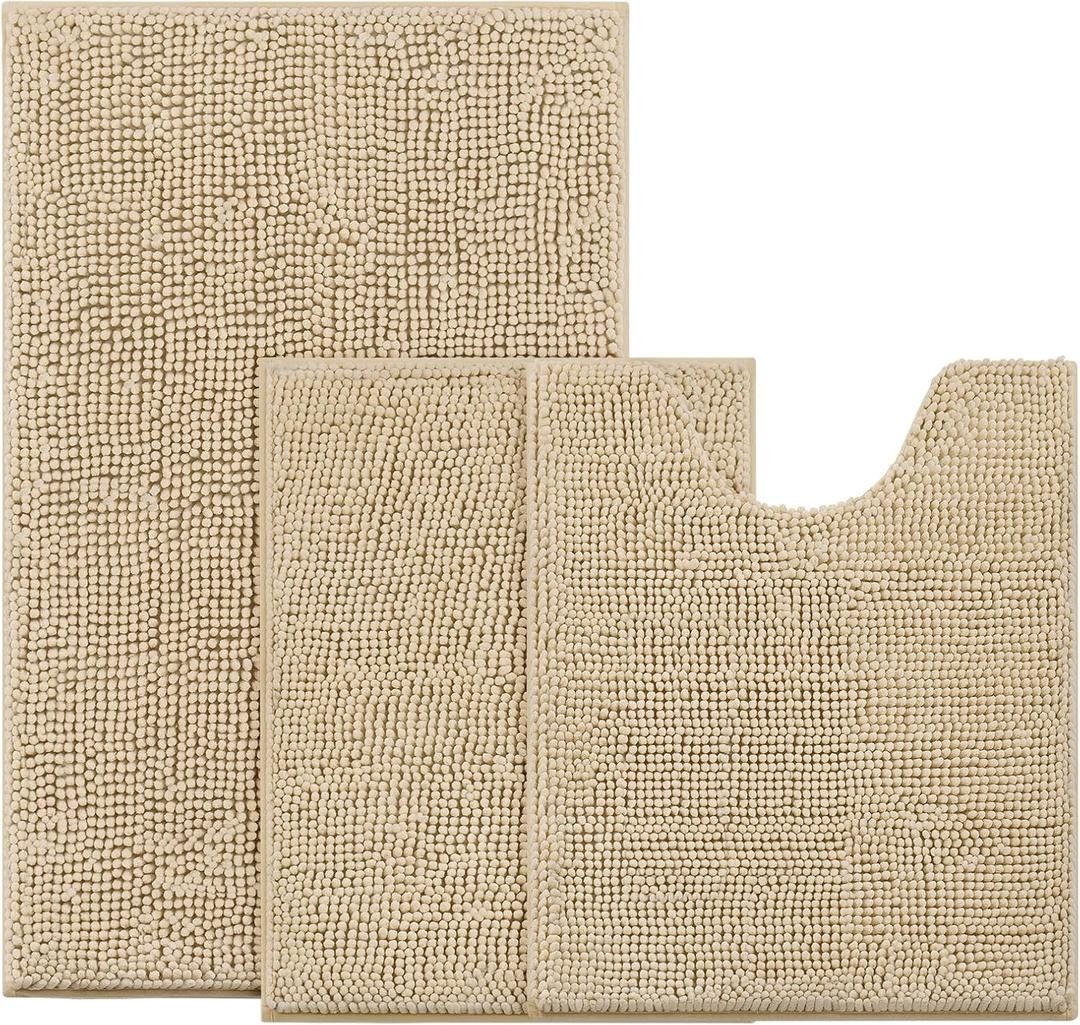 BYSURE Beige Bathroom Rugs Sets 3 Piece Non Slip Extra Absorbent Plush Chenille Soft Washable Bath Mats (1'5" x 2'8" (Rectangular x2, U Shape x1))