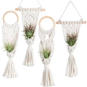 Melphoe 4 Pack Air Plants Holders Stand Air Fern Macrame Plant Hanger Indoor Hanging Planter Basket for Tillandsias Display, Boho Home Decoration Gift Idea