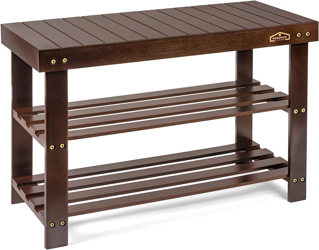 Homemaid Living Bamboo 3 Tier Shoe Rack Bench, Premium Shoe Organizer or Entryway Bench, Perfect for Shoe Cubby, Entry Bench, Bathroom Bench, Entryway Organizer, Hallway or Living Room(Brown)