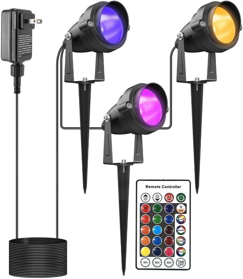 Outdoor Spotlights with Timer, Colored Yard Spot Lights Warm White RGB LED Landscape Light IP65 Waterproof Uplight with Spiked Stand for Lawn House Flag Pathway Porch Christmas (3 Lights)