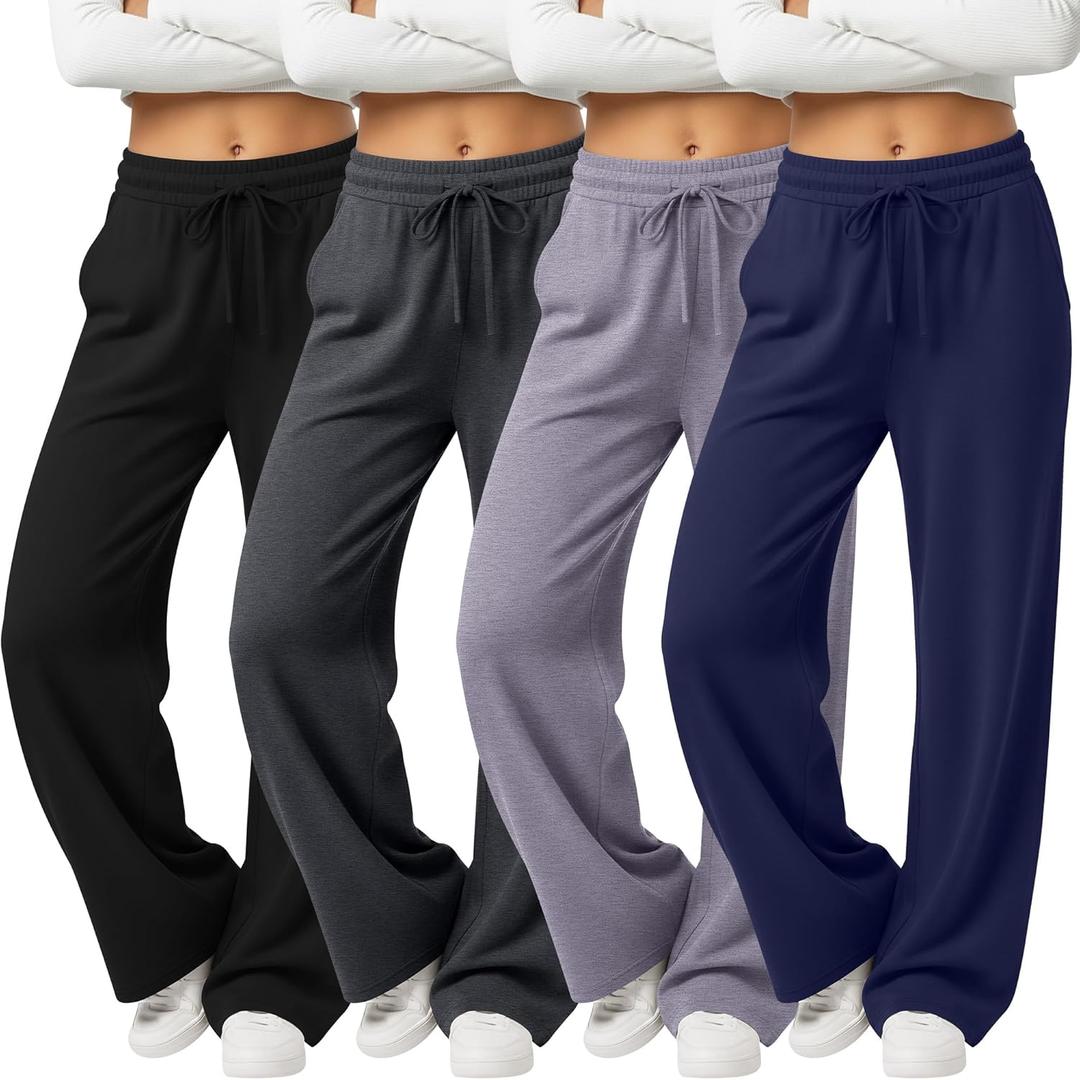 4 Pack Women's Yoga Lounge Pants Wide Leg Sweatpants Loose Jogging Pockets Drawstring Lightweight Pull on Pajamas (L)