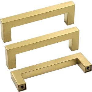 goldenwarm Kitchen Cabinet Handle Brushed Brass Drawer Pull Handles for Cabinets - LSJ12GD115 Square Bar Pulls Antique Brass Bathroom Cabinet Hardware Modern Knobs for Dresser Drawers (4-1/2in hole centers)
