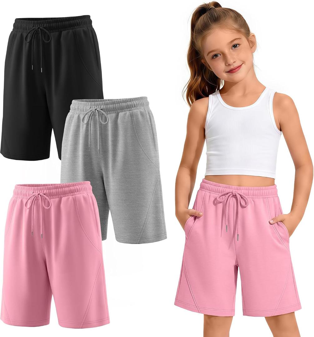 3 Pack Girls' Bermuda Long Shorts 5-14Y | Bermuda Shorts, Athletic, Long Short, Drawstring, Sweatshorts Pocket, for Summer, Casual, for Girls, Kids, Teen, 5-14Y