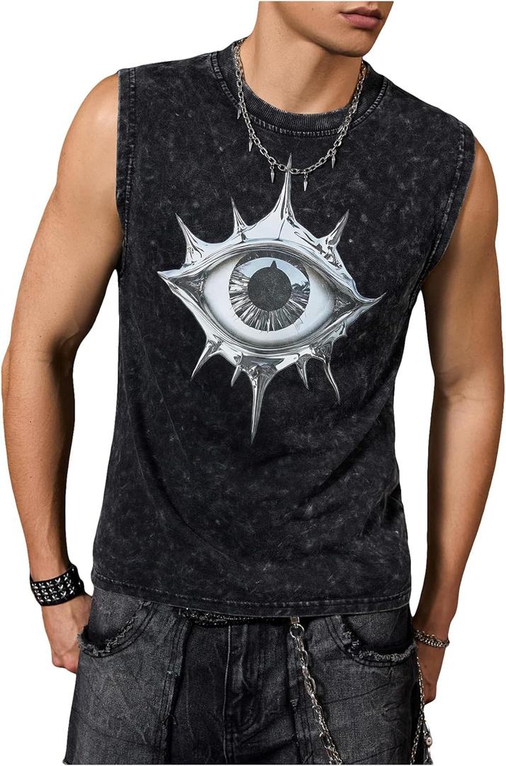 VIPWOLF Men's Vintage Graphic Tank Tops Summer Crew Neck Sleeveless Shirts Streetwear (Large, Black Eyes)